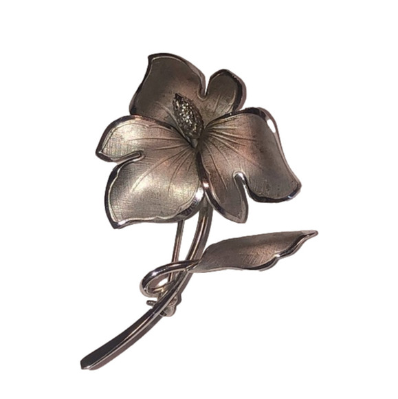 VTG 50s ECCO Rhodium Plated Sterling Silver Orchid Flower Brooch 2.2” - Picture 1 of 4